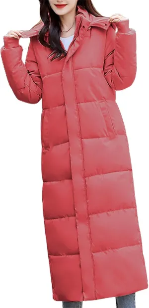 Women Warm Down Jacket with Hood Long Quilted Coat Winter Thickened Hooded Puffer Jacket Outwear with Pockets