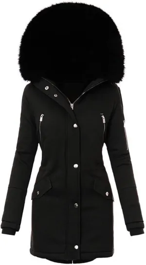 Women Winter Warm Coats with Faux Fur Hood Zip Snap Long Parka Jacket Long Sleeve Pockets Outerwear Puffer Down Coat