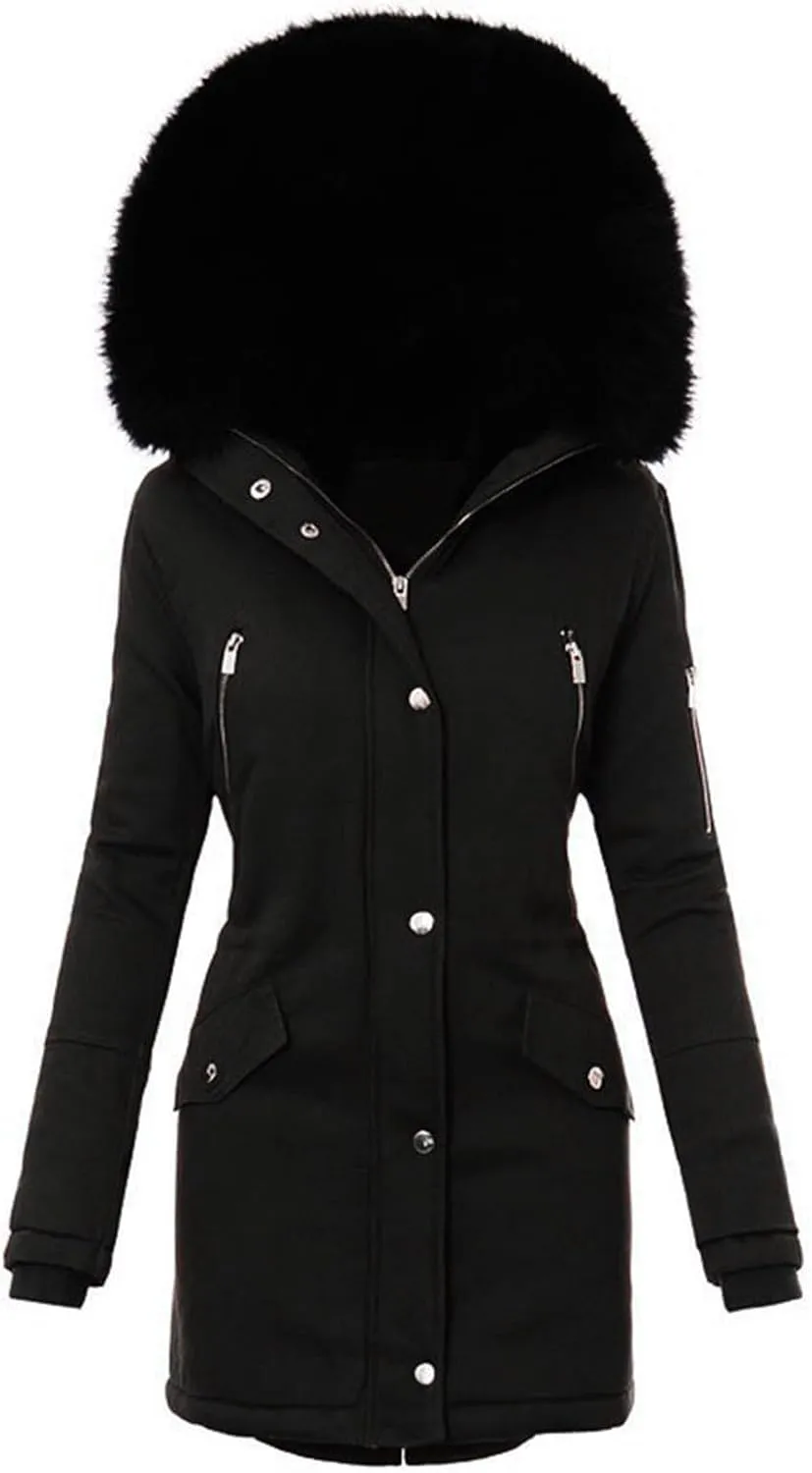 Women Winter Warm Coats with Faux Fur Hood Zip Snap Long Parka Jacket Long Sleeve Pockets Outerwear Puffer Down Coat