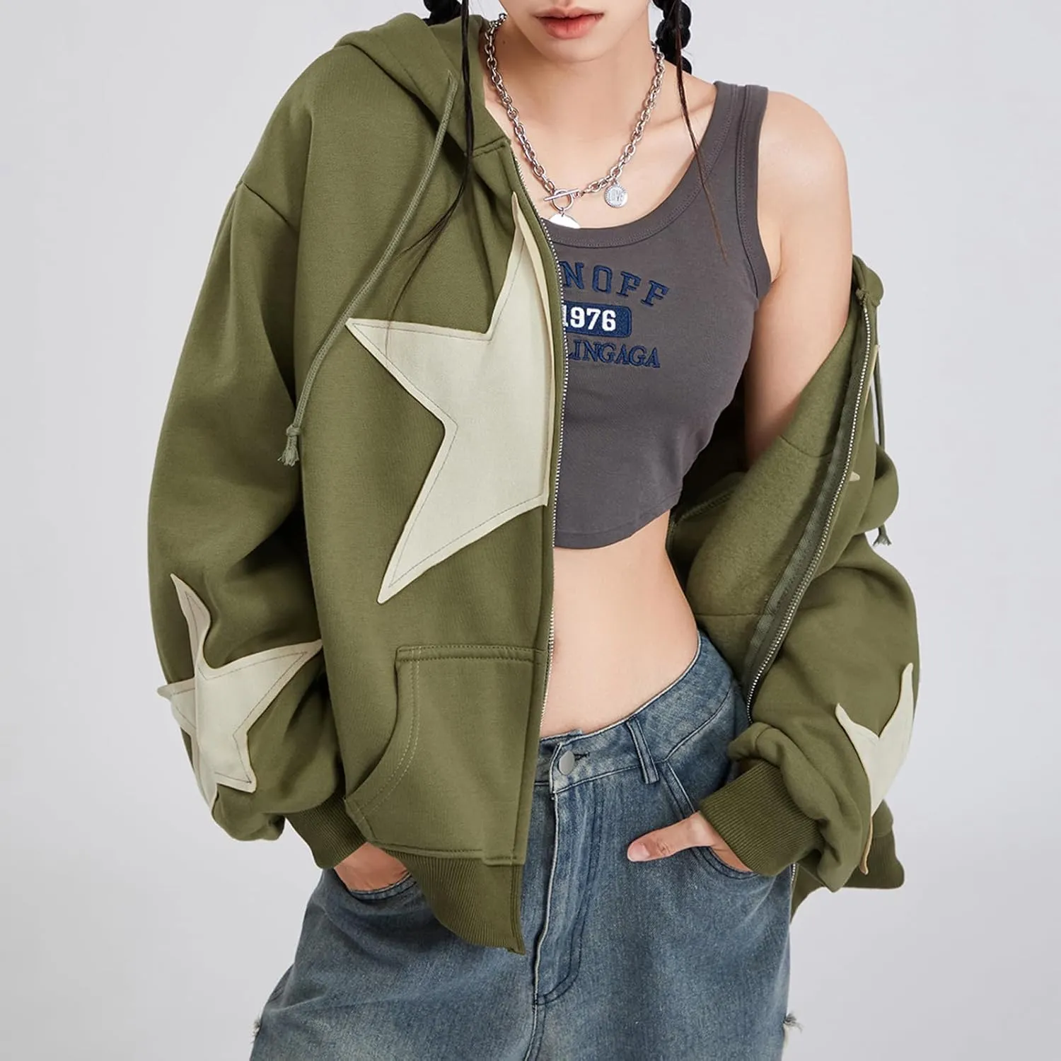 Women Y2k Zip Up Hoodie Vintage Graphic Oversized Sweatshirt Aesthetic Harajuku Teen Girls Jacket