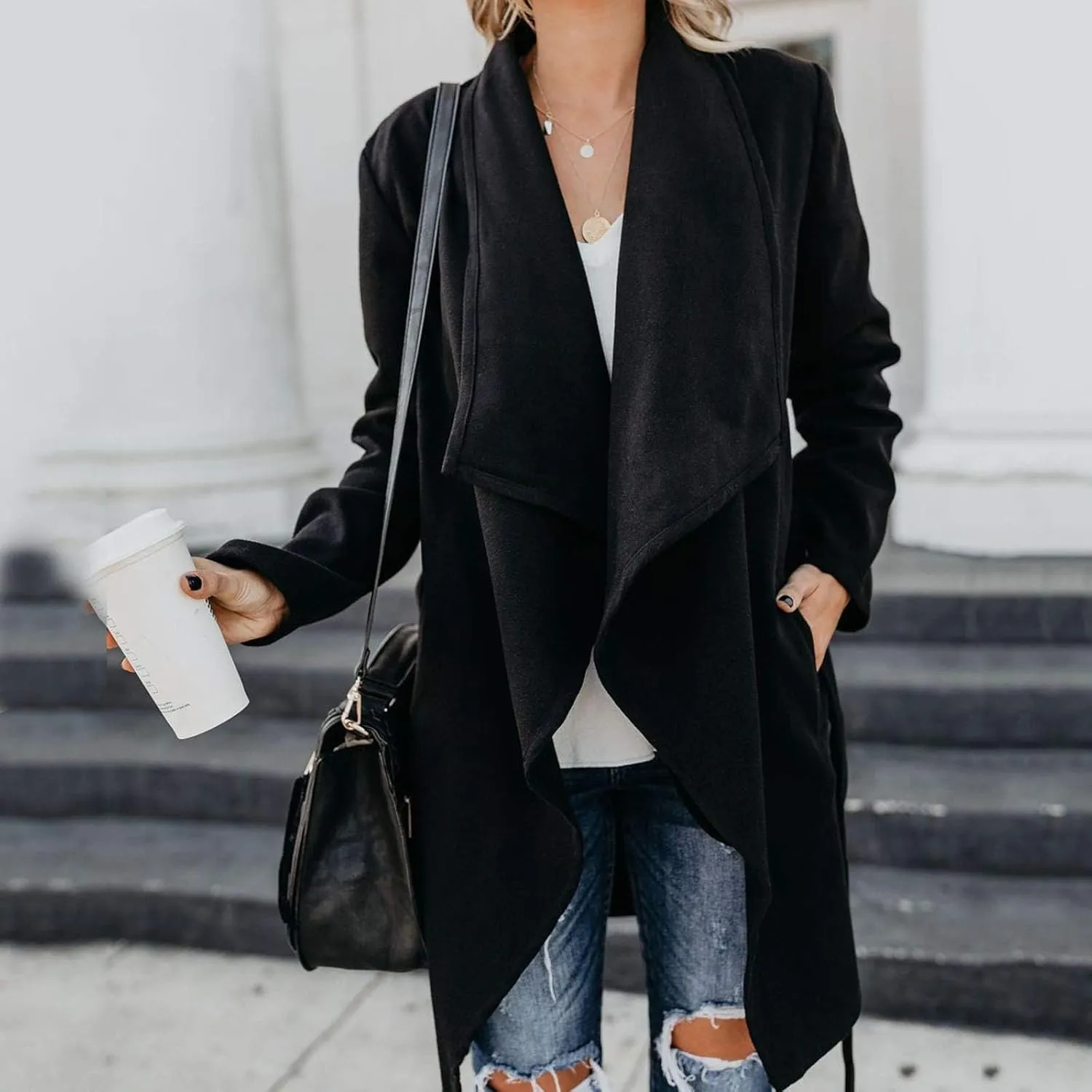 Women's 2023 Fall Trench Coat Elegant Lapel Slim Long Classic Overcoat Casual Loose Outerwear with Pockets