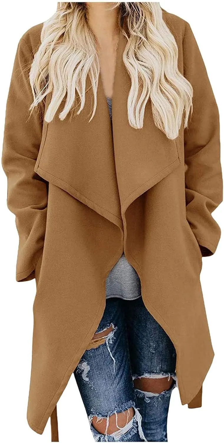 Women's 2023 Fall Trench Coat Elegant Lapel Slim Long Classic Overcoat Casual Loose Outerwear with Pockets