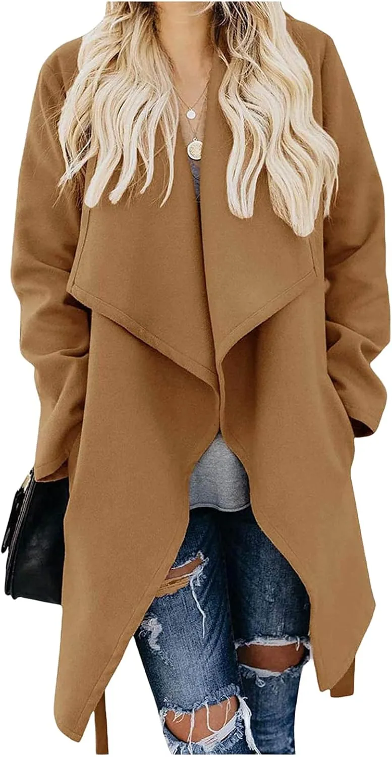Women's 2023 Fall Trench Coat Elegant Lapel Slim Long Classic Overcoat Casual Loose Outerwear with Pockets