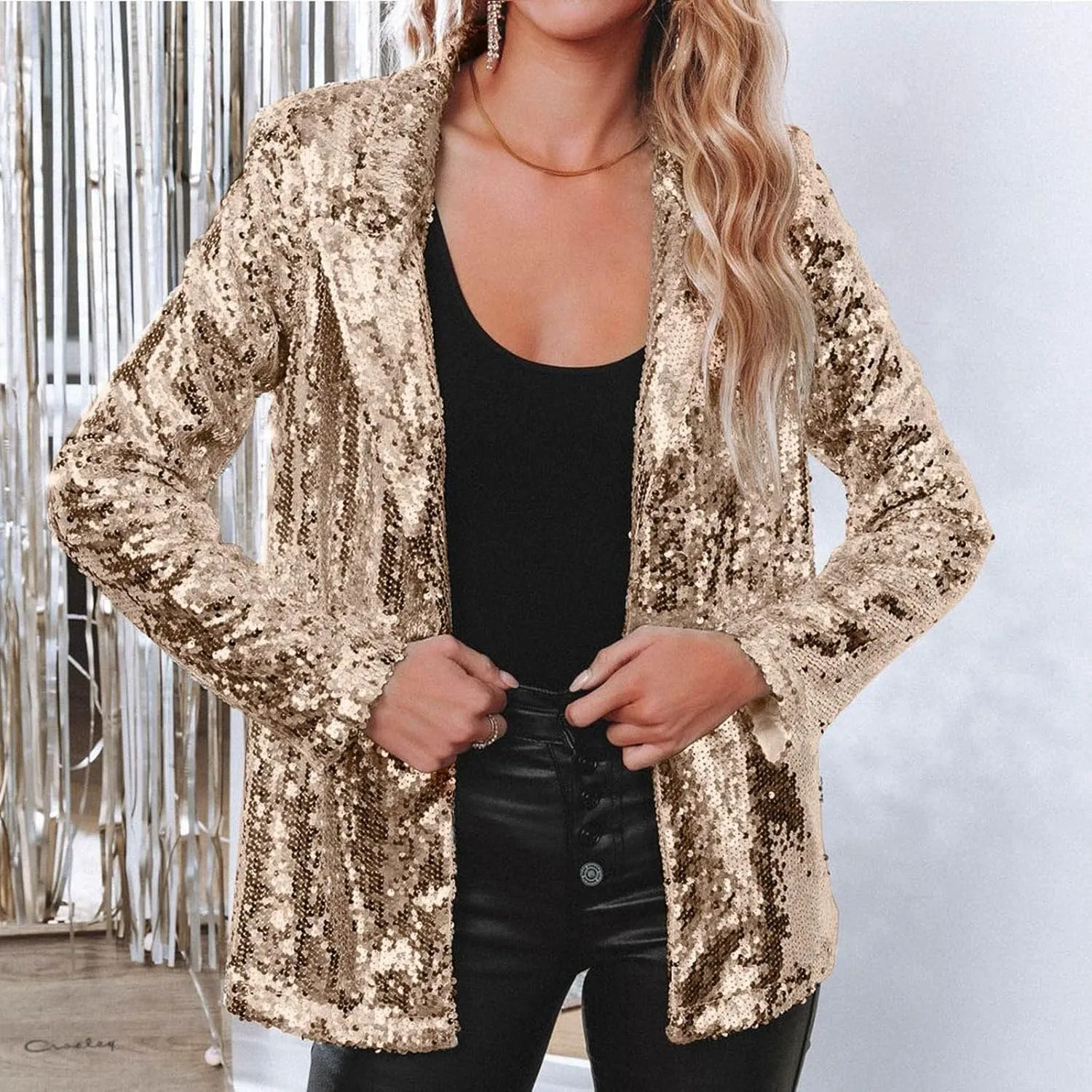 Womens 2024 Fashion Sequin Cardigans Long Sleeve Open Front Blazers Casual Petite Slim Jackets Party Clothes Suits