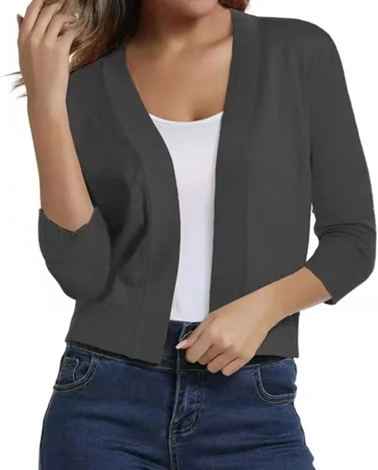 Women's 3/4 Sleeve Knit Cropped Cardigan Sweaters Open Front Bolero Shrugs Short Coat Top Solid Color Knitwear for Dress