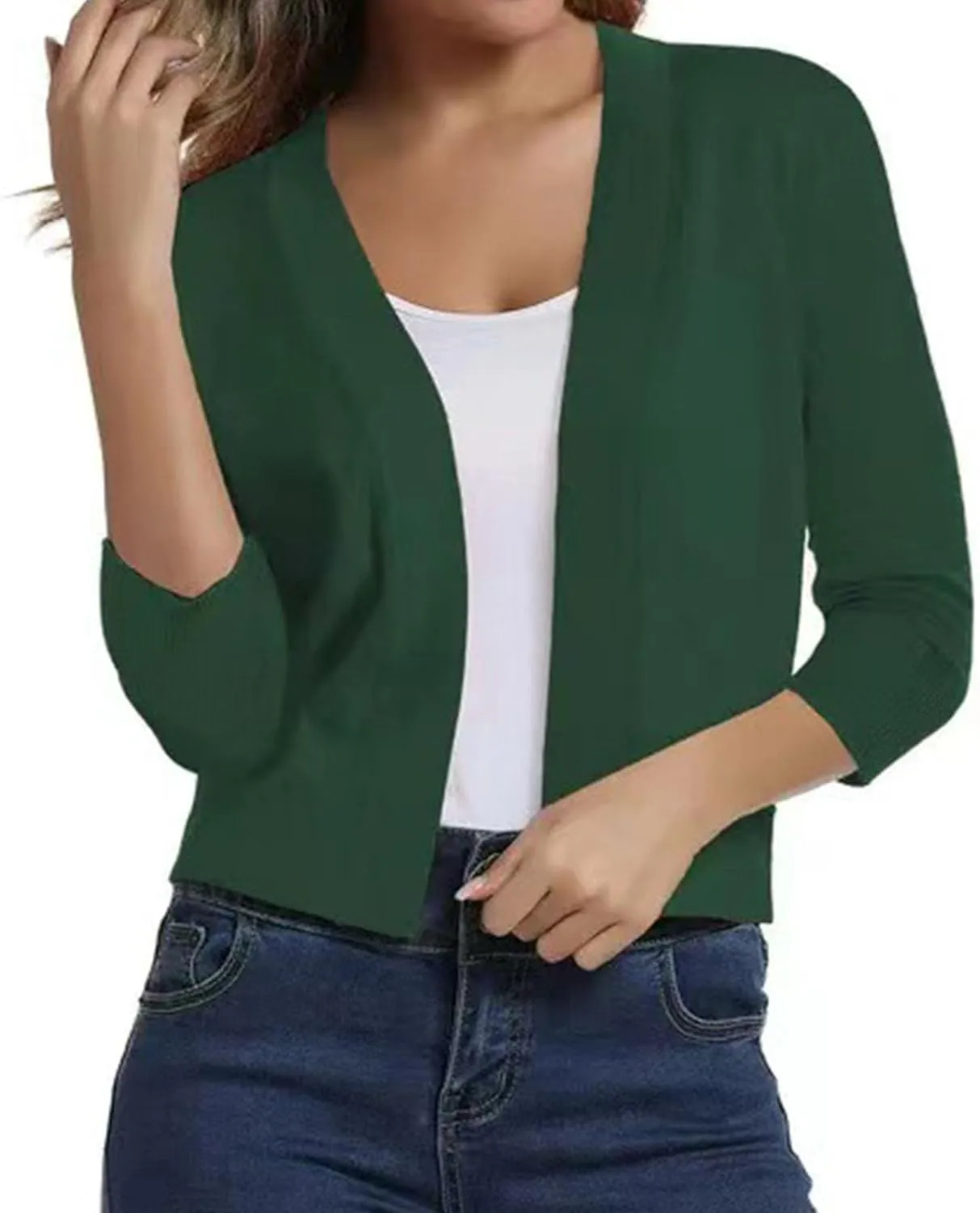 Women's 3/4 Sleeve Knit Cropped Cardigan Sweaters Open Front Bolero Shrugs Short Coat Top Solid Color Knitwear for Dress
