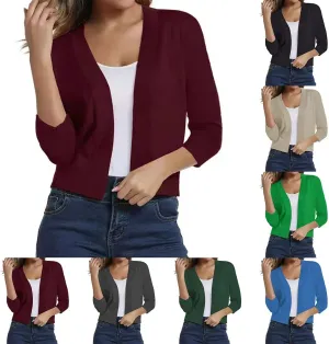 Women's 3/4 Sleeve Knit Cropped Cardigan Sweaters Open Front Bolero Shrugs Short Coat Top Solid Color Knitwear for Dress