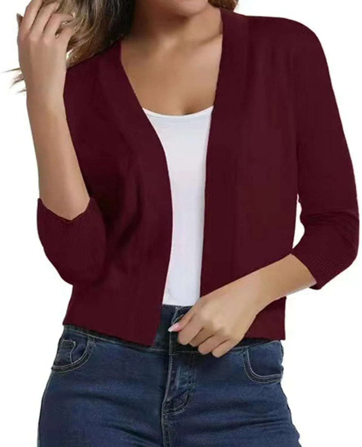Women's 3/4 Sleeve Knit Cropped Cardigan Sweaters Open Front Bolero Shrugs Short Coat Top Solid Color Knitwear for Dress