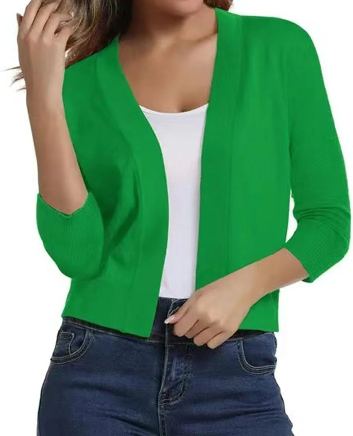 Women's 3/4 Sleeve Knit Cropped Cardigan Sweaters Open Front Bolero Shrugs Short Coat Top Solid Color Knitwear for Dress