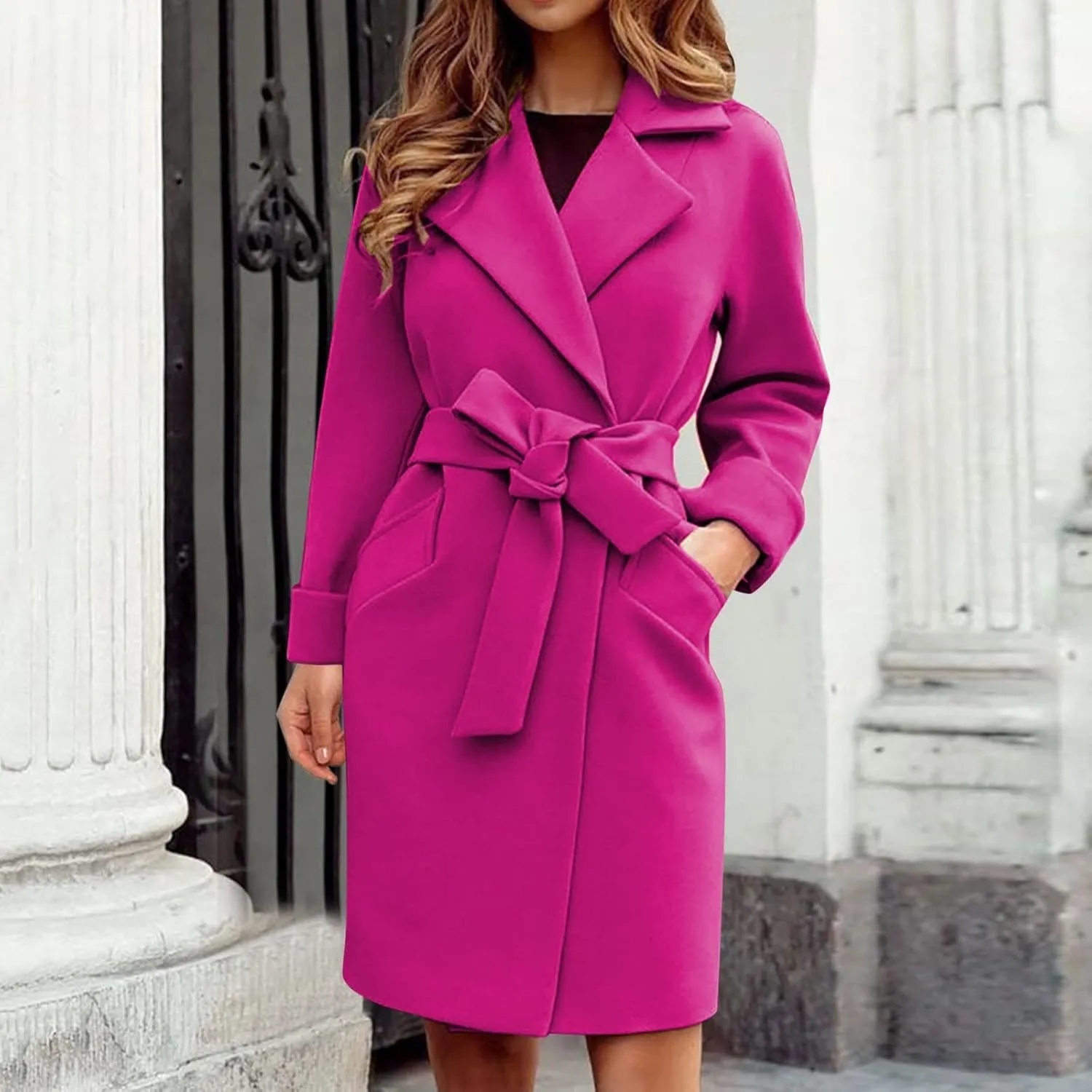 Women's Big Notch Lapel Single Breasted Mid-Long Wool Blend Coat Wool Coat