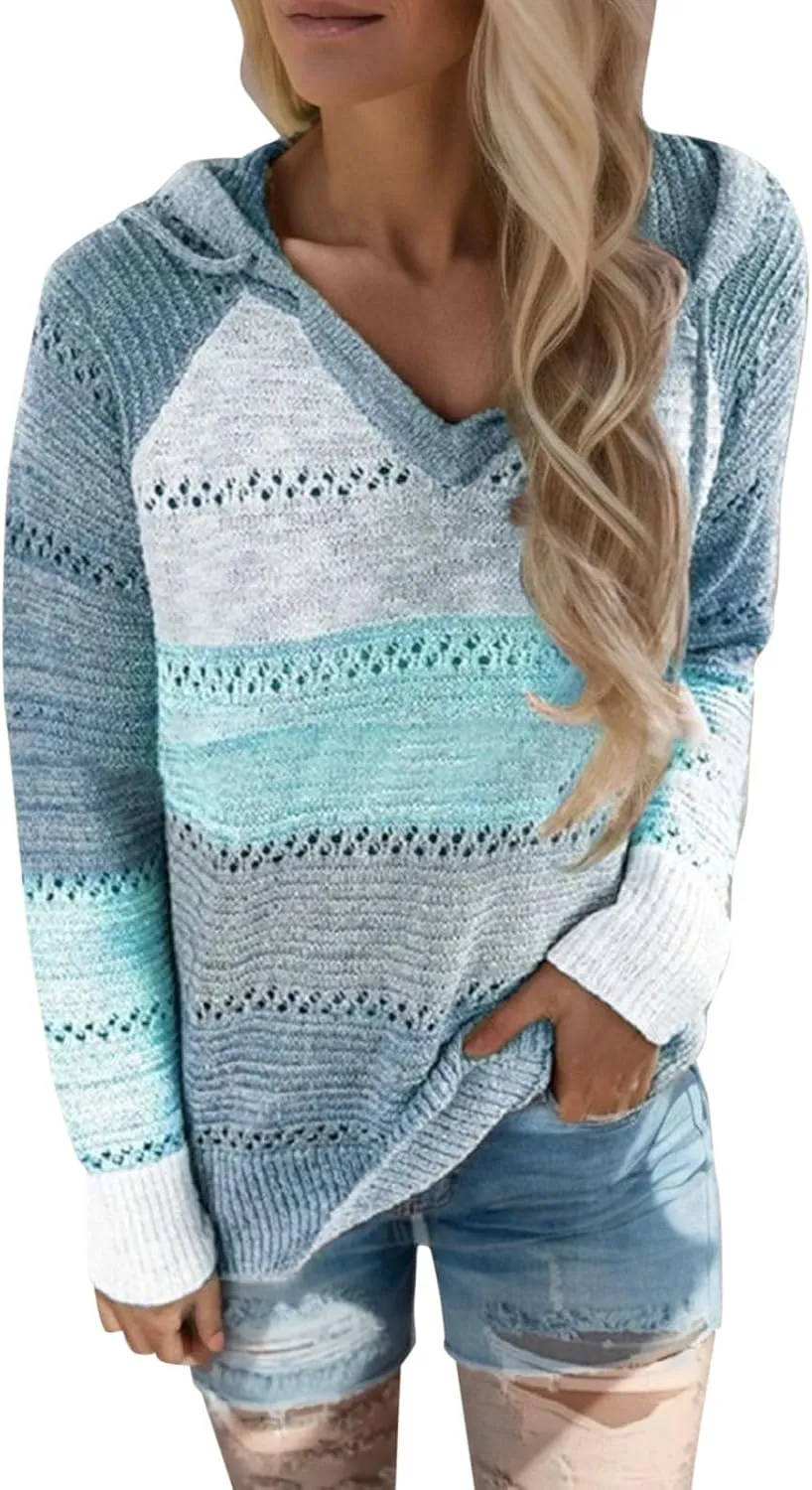 Women's Blouse Knitted Sweatshirts V Neck Hooded Pullover Casual Fashion Patchwork Knit Loose Sweater Tops