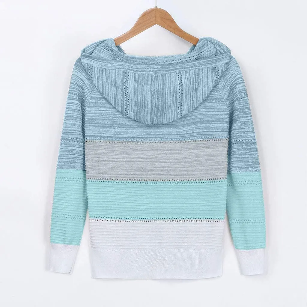 Women's Blouse Knitted Sweatshirts V Neck Hooded Pullover Casual Fashion Patchwork Knit Loose Sweater Tops