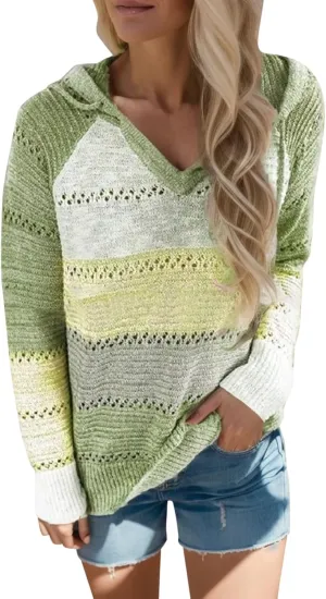 Women's Blouse Knitted Sweatshirts V Neck Hooded Pullover Casual Fashion Patchwork Knit Loose Sweater Tops