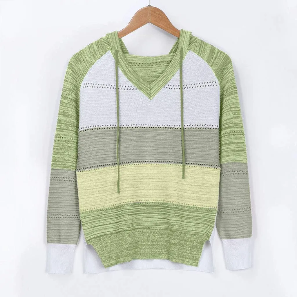 Women's Blouse Knitted Sweatshirts V Neck Hooded Pullover Casual Fashion Patchwork Knit Loose Sweater Tops