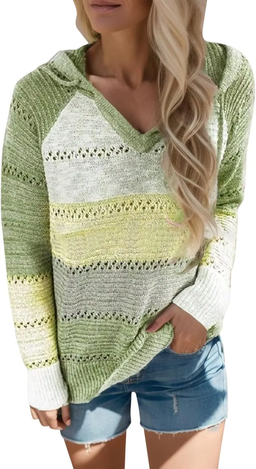 Women's Blouse Knitted Sweatshirts V Neck Hooded Pullover Casual Fashion Patchwork Knit Loose Sweater Tops