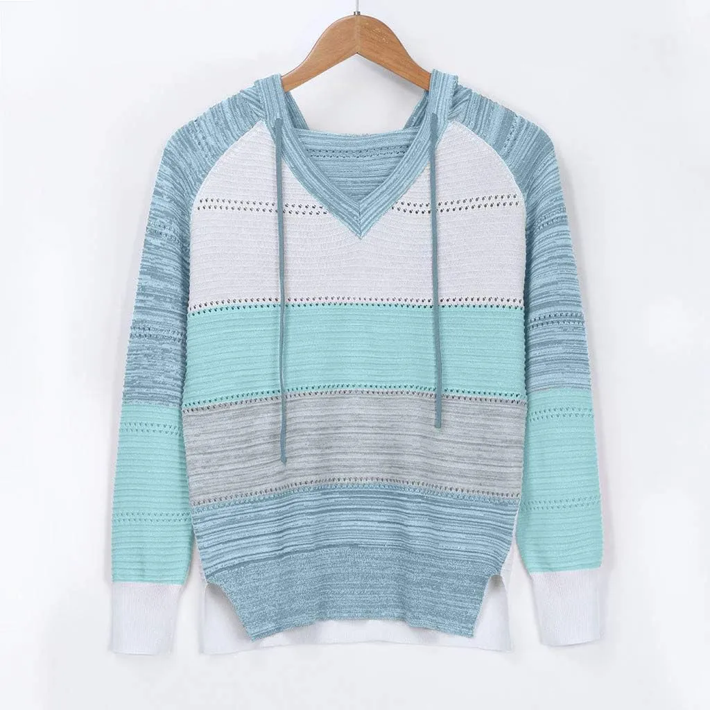 Women's Blouse Knitted Sweatshirts V Neck Hooded Pullover Casual Fashion Patchwork Knit Loose Sweater Tops