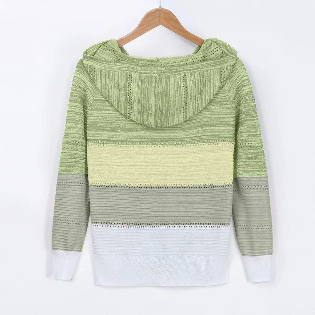 Women's Blouse Knitted Sweatshirts V Neck Hooded Pullover Casual Fashion Patchwork Knit Loose Sweater Tops