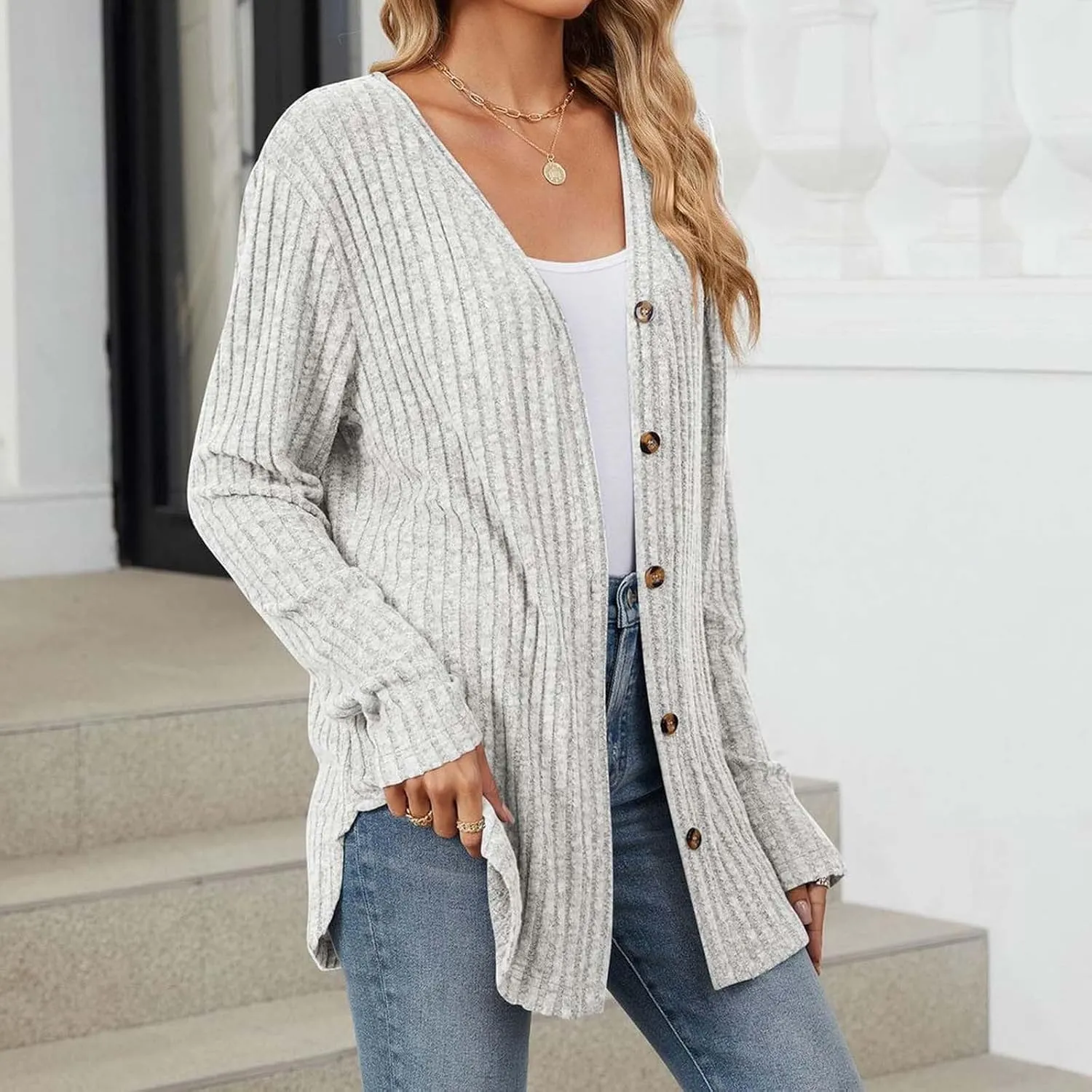 Womens Button Down Open Front Cardigan Fall Lightweight Soft Ribbed Knit Cardigan Sweaters Long Sleeve Coat Outwear