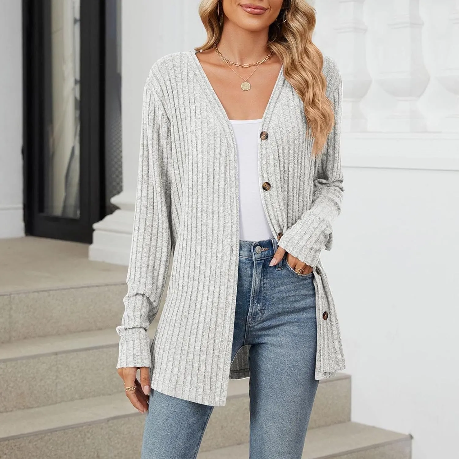 Womens Button Down Open Front Cardigan Fall Lightweight Soft Ribbed Knit Cardigan Sweaters Long Sleeve Coat Outwear