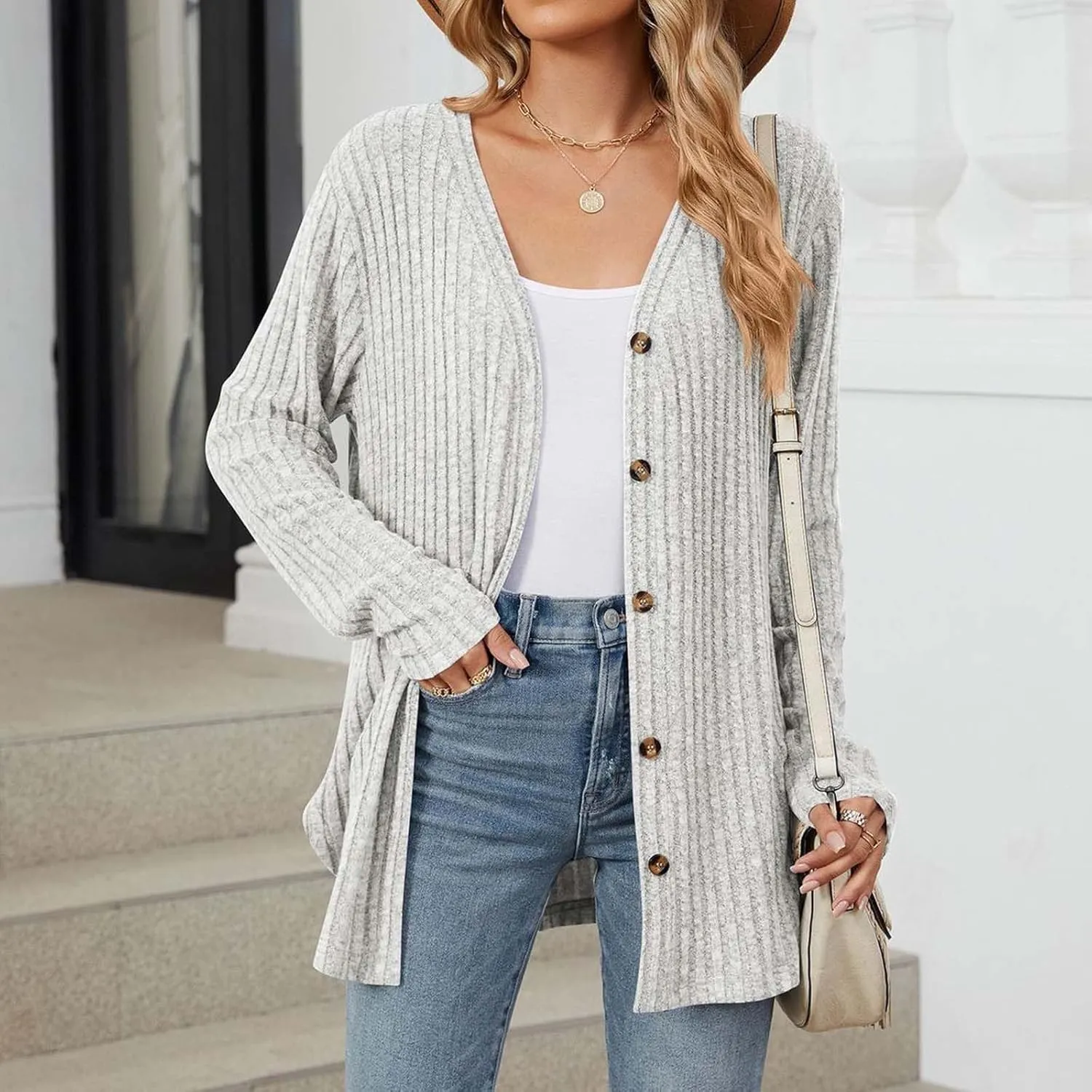 Womens Button Down Open Front Cardigan Fall Lightweight Soft Ribbed Knit Cardigan Sweaters Long Sleeve Coat Outwear