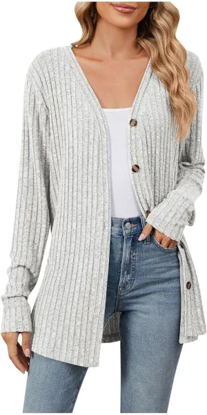 Womens Button Down Open Front Cardigan Fall Lightweight Soft Ribbed Knit Cardigan Sweaters Long Sleeve Coat Outwear
