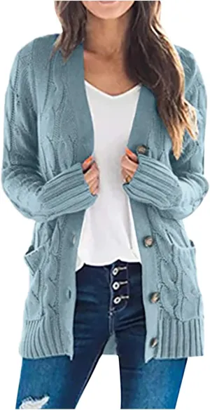 Womens Cable Knit Cotton Cardigan Sweaters Button V Neck Open Front Midi Sweater Jacket Winter Chunky Sweater Coat
