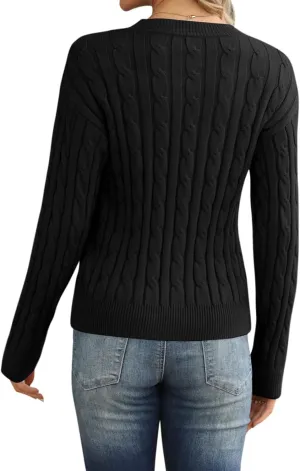 Womens Cable Knit Pullover Sweater Chunky Knit Crewneck Jumper Casual Slim Fit Fall Winter Sweater Tops
