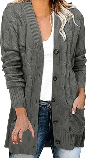 Womens Cable Knitted Cardigan Sweaters Open Front Button Down Coats Chunky Warm Knitwear Sweater Coat with Pockets