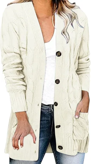 Womens Cable Knitted Cardigan Sweaters Open Front Button Down Coats Chunky Warm Knitwear Sweater Coat with Pockets