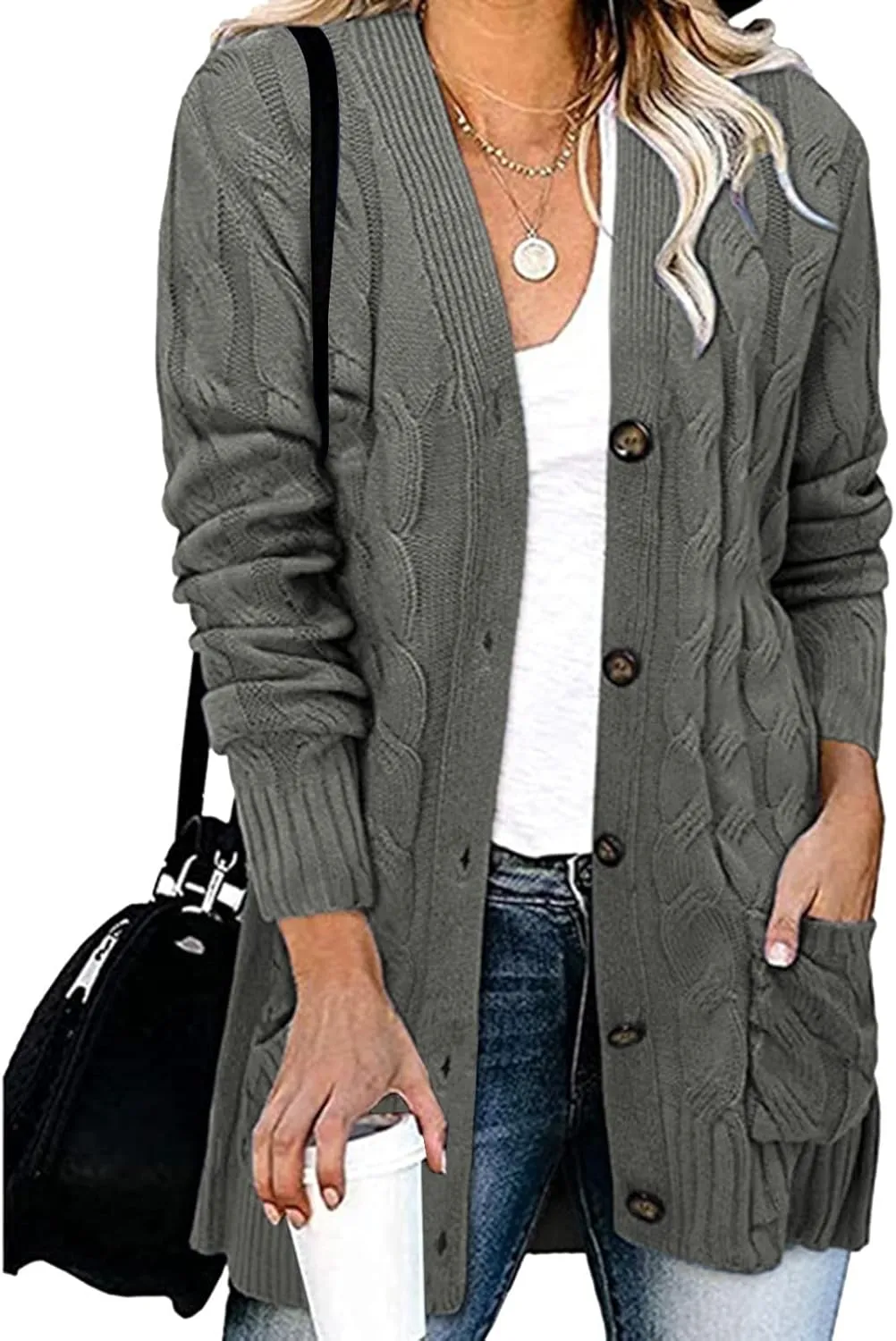 Womens Cable Knitted Cardigan Sweaters Open Front Button Down Coats Chunky Warm Knitwear Sweater Coat with Pockets