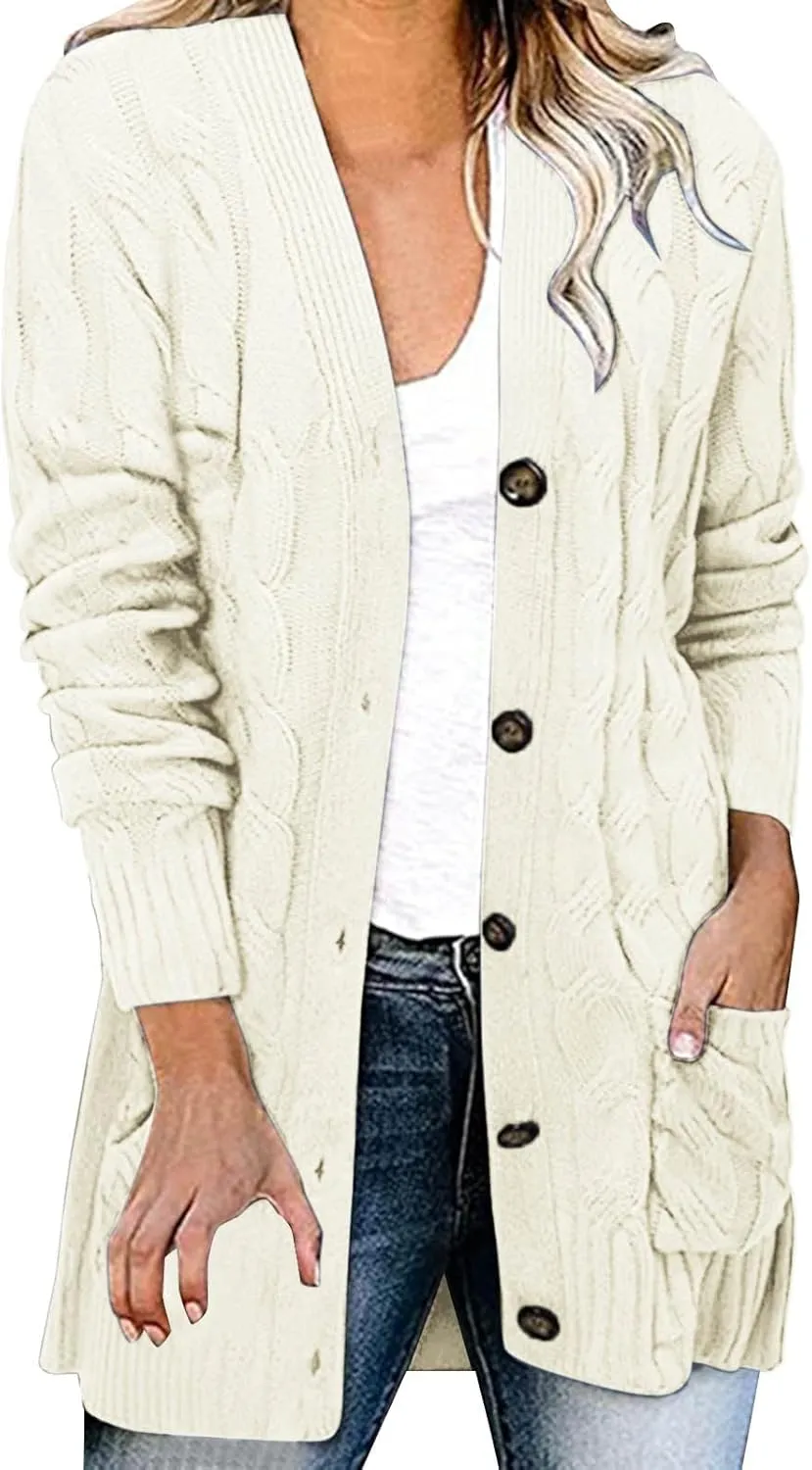 Womens Cable Knitted Cardigan Sweaters Open Front Button Down Coats Chunky Warm Knitwear Sweater Coat with Pockets