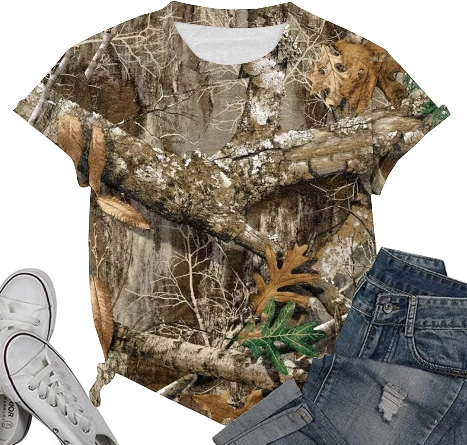 Womens Camo T Shirts Maple-Leaf Print Crewneck Essential Lightweight Performance Short Sleeve Shirt Tops