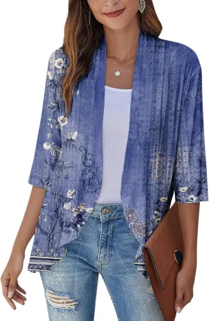 Womens Cardigan 2024 Lightweight Fall T Shirts Loose Fit Shawl Collar Blouse Coat 3/4 Sleeve Tie Dye Funny Tops