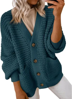 Womens Cardigan Sweaters Button Up Chunky Knit Cardigans V Neck Loose Fit Jackets Outwear