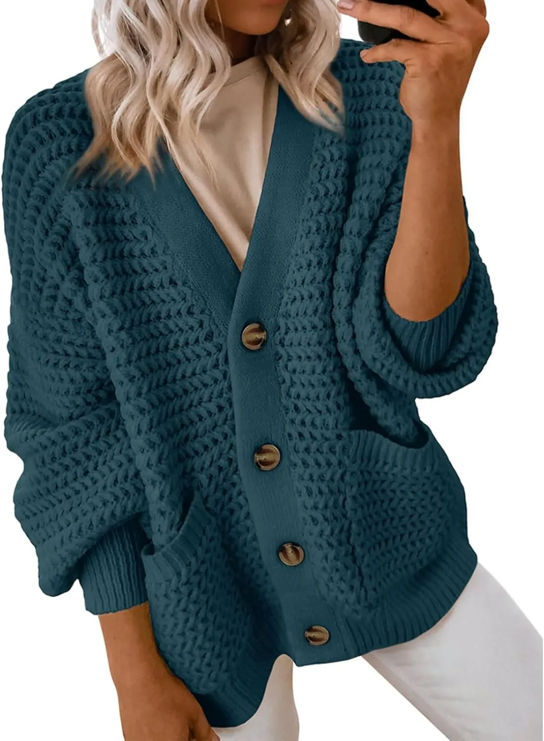 Womens Cardigan Sweaters Button Up Chunky Knit Cardigans V Neck Loose Fit Jackets Outwear