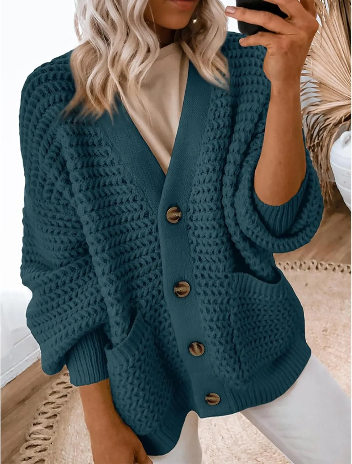 Womens Cardigan Sweaters Button Up Chunky Knit Cardigans V Neck Loose Fit Jackets Outwear