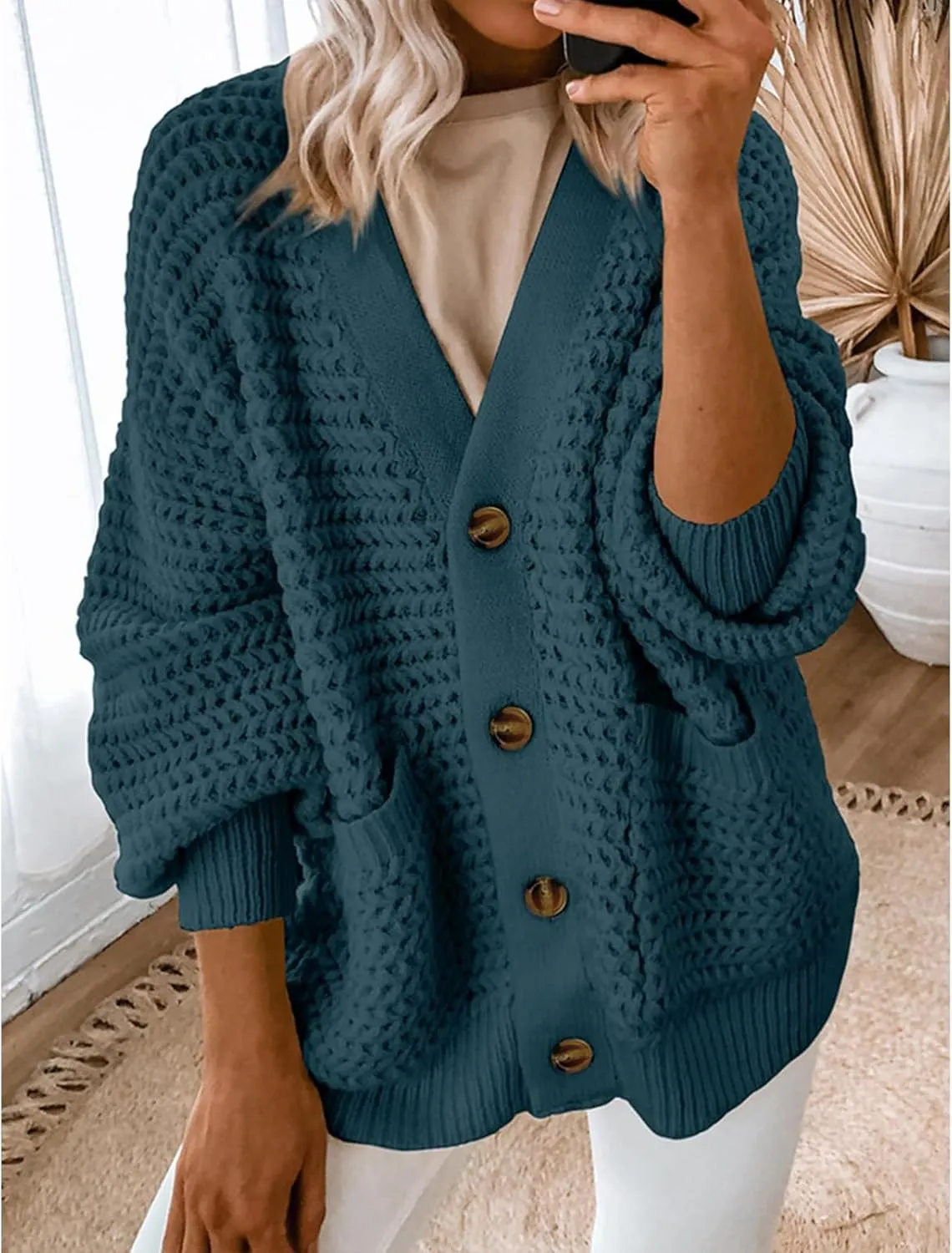 Womens Cardigan Sweaters Button Up Chunky Knit Cardigans V Neck Loose Fit Jackets Outwear