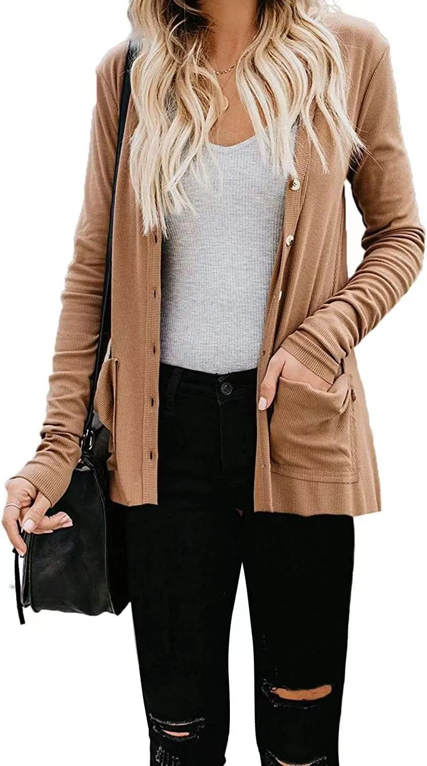Womens Cardigan Sweaters Lightweight Open Front Button Long Sleeve Cardigan Casual Cable Knit Winter Outerwear Coats