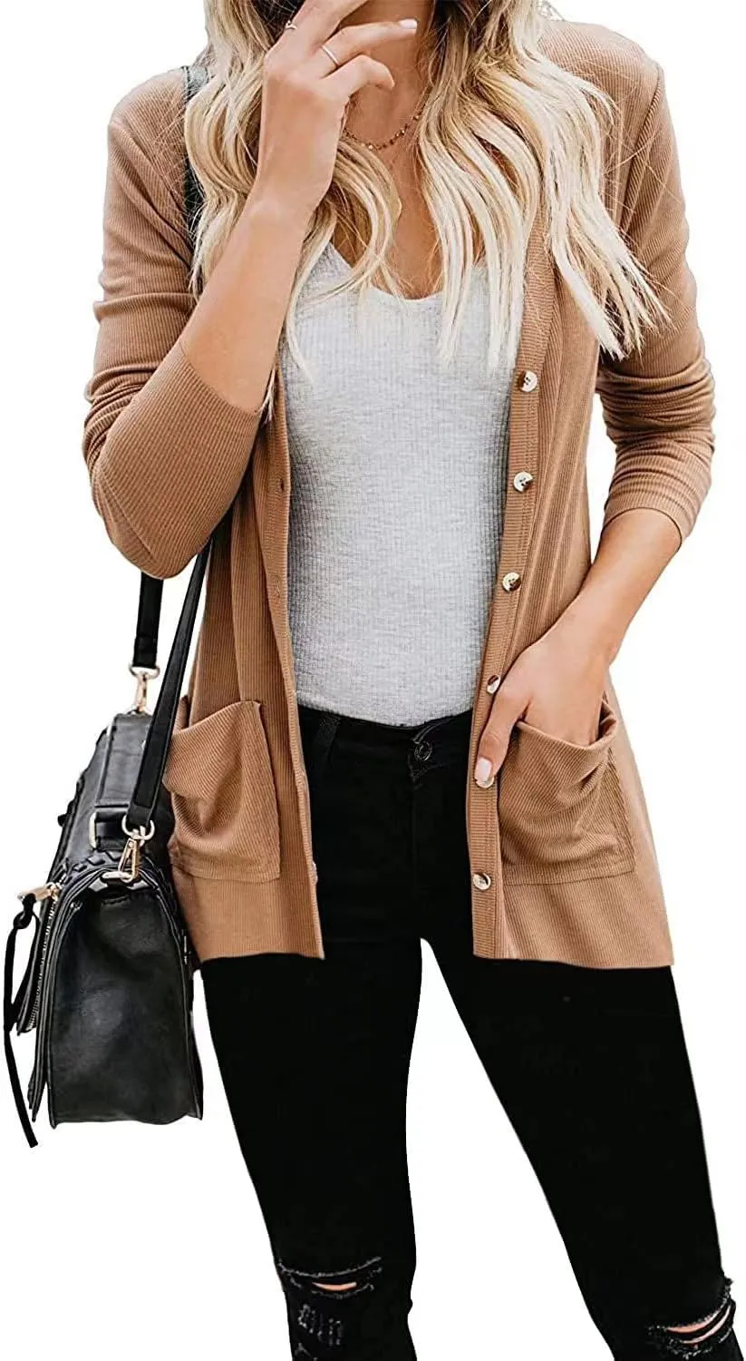 Womens Cardigan Sweaters Lightweight Open Front Button Long Sleeve Cardigan Casual Cable Knit Winter Outerwear Coats