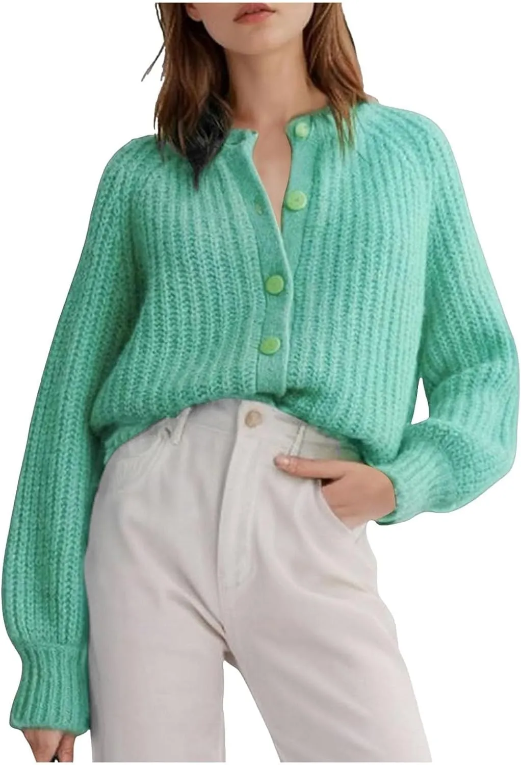 Womens Cardigan Sweaters Long Sleeve Button Chunky Knit Sweater Fall Crew Neck Loose Fit Open Front Cardigan