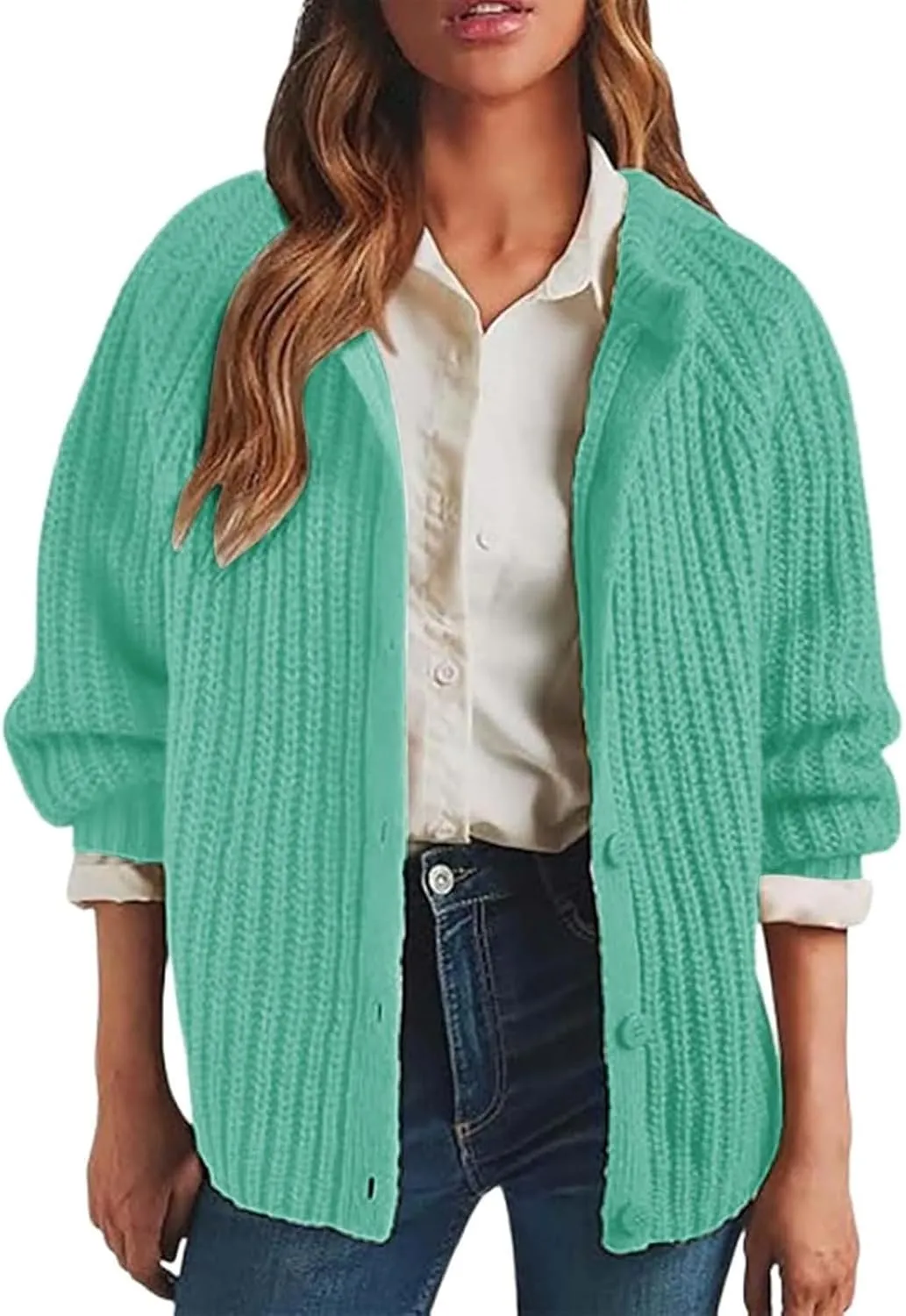 Womens Cardigan Sweaters Long Sleeve Button Chunky Knit Sweater Fall Crew Neck Loose Fit Open Front Cardigan