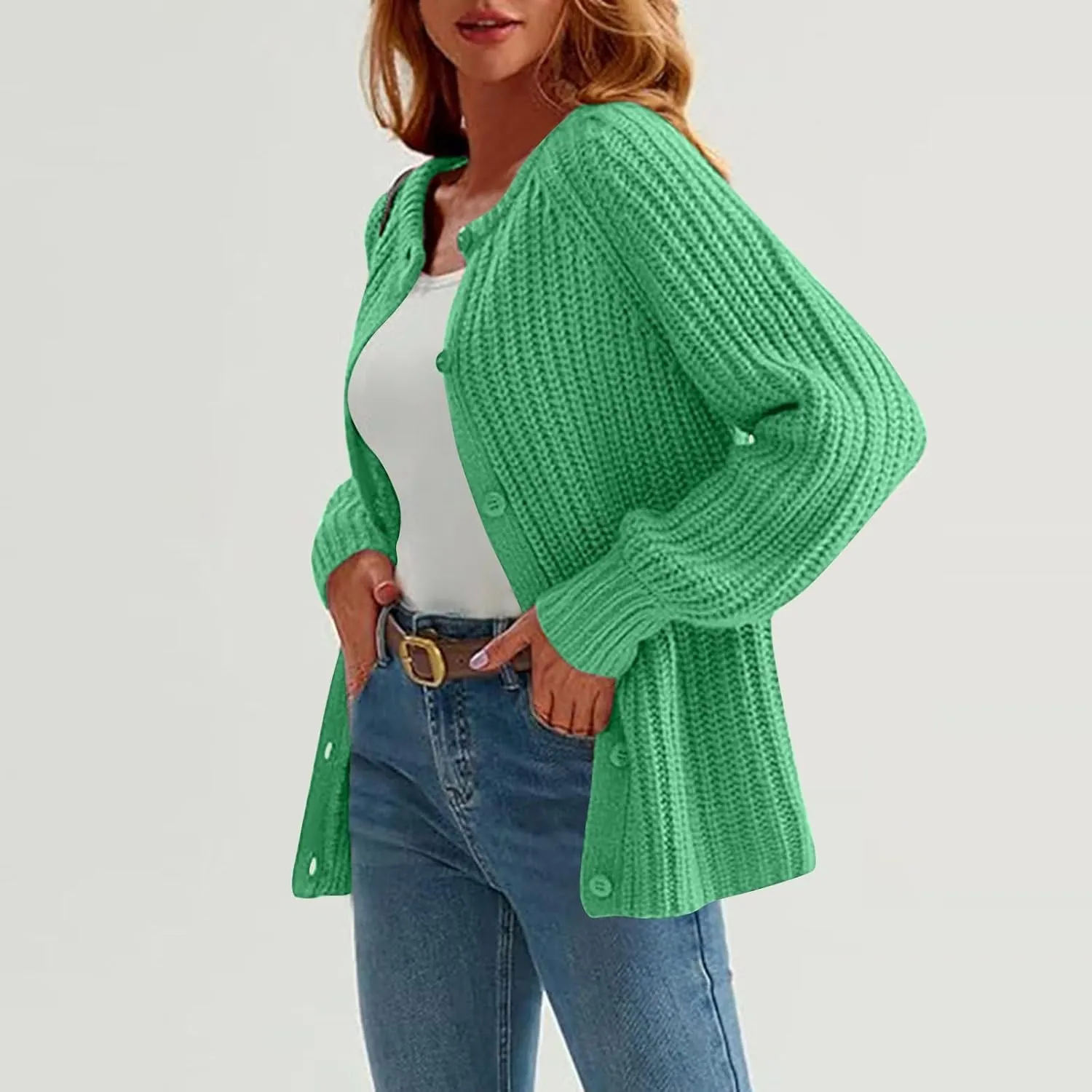 Womens Cardigan Sweaters Long Sleeve Button Chunky Knit Sweater Fall Crew Neck Loose Fit Open Front Cardigan