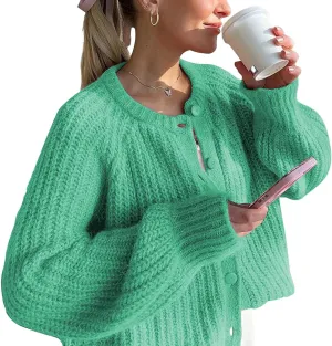 Womens Cardigan Sweaters Long Sleeve Button Chunky Knit Sweater Fall Crew Neck Loose Fit Open Front Cardigan