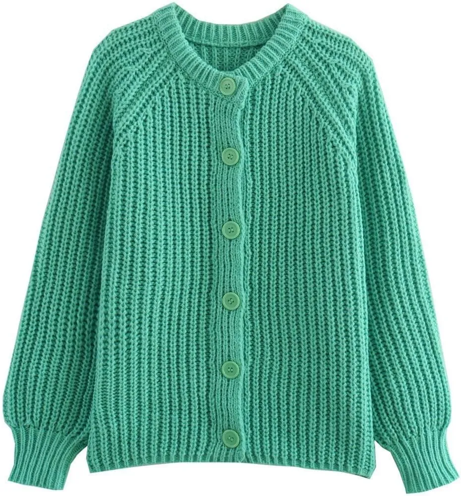 Womens Cardigan Sweaters Long Sleeve Button Chunky Knit Sweater Fall Crew Neck Loose Fit Open Front Cardigan