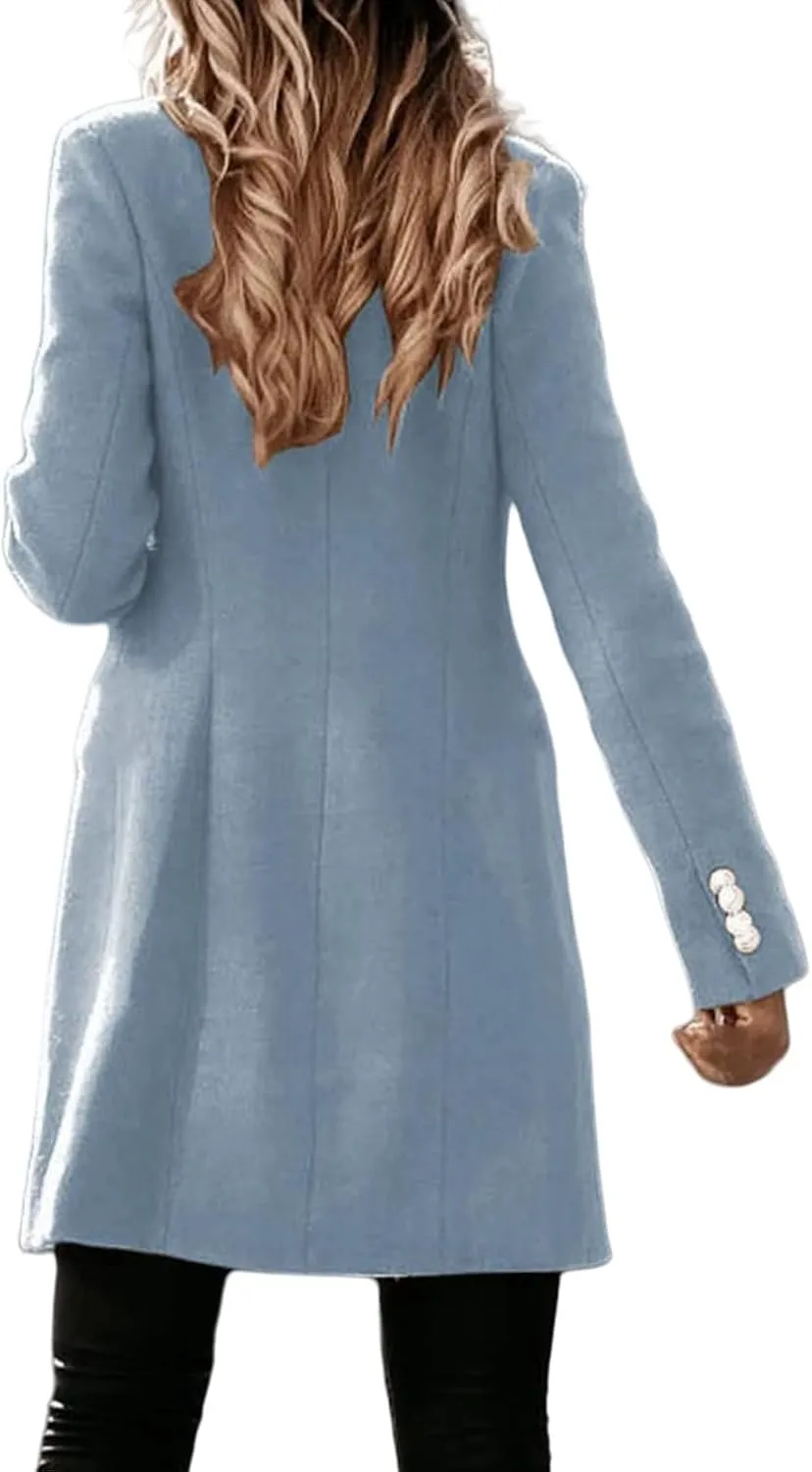 Womens Casual Coat Double Breasted Mid Long Pea Coat Notched Collar Wool Blend Overcoat