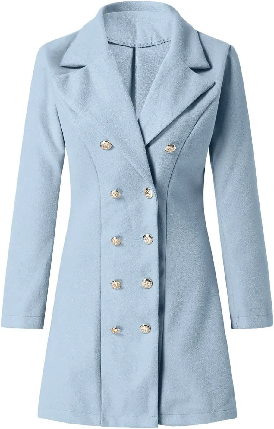 Womens Casual Coat Double Breasted Mid Long Pea Coat Notched Collar Wool Blend Overcoat