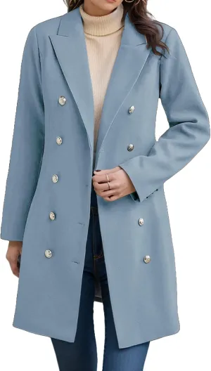 Womens Casual Coat Double Breasted Mid Long Pea Coat Notched Collar Wool Blend Overcoat