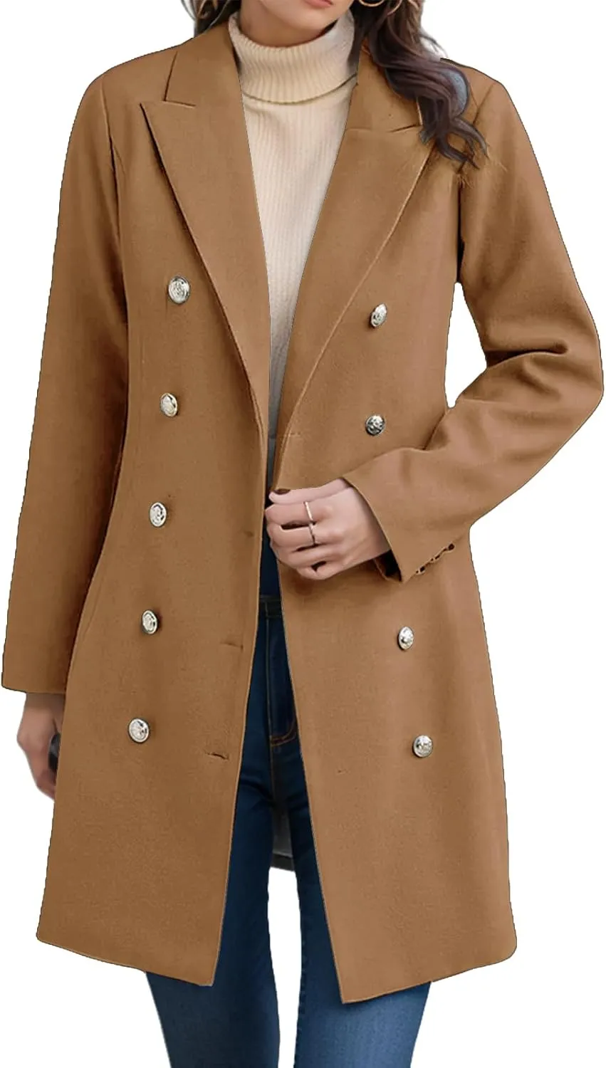 Womens Casual Coat Double Breasted Mid Long Pea Coat Notched Collar Wool Blend Overcoat