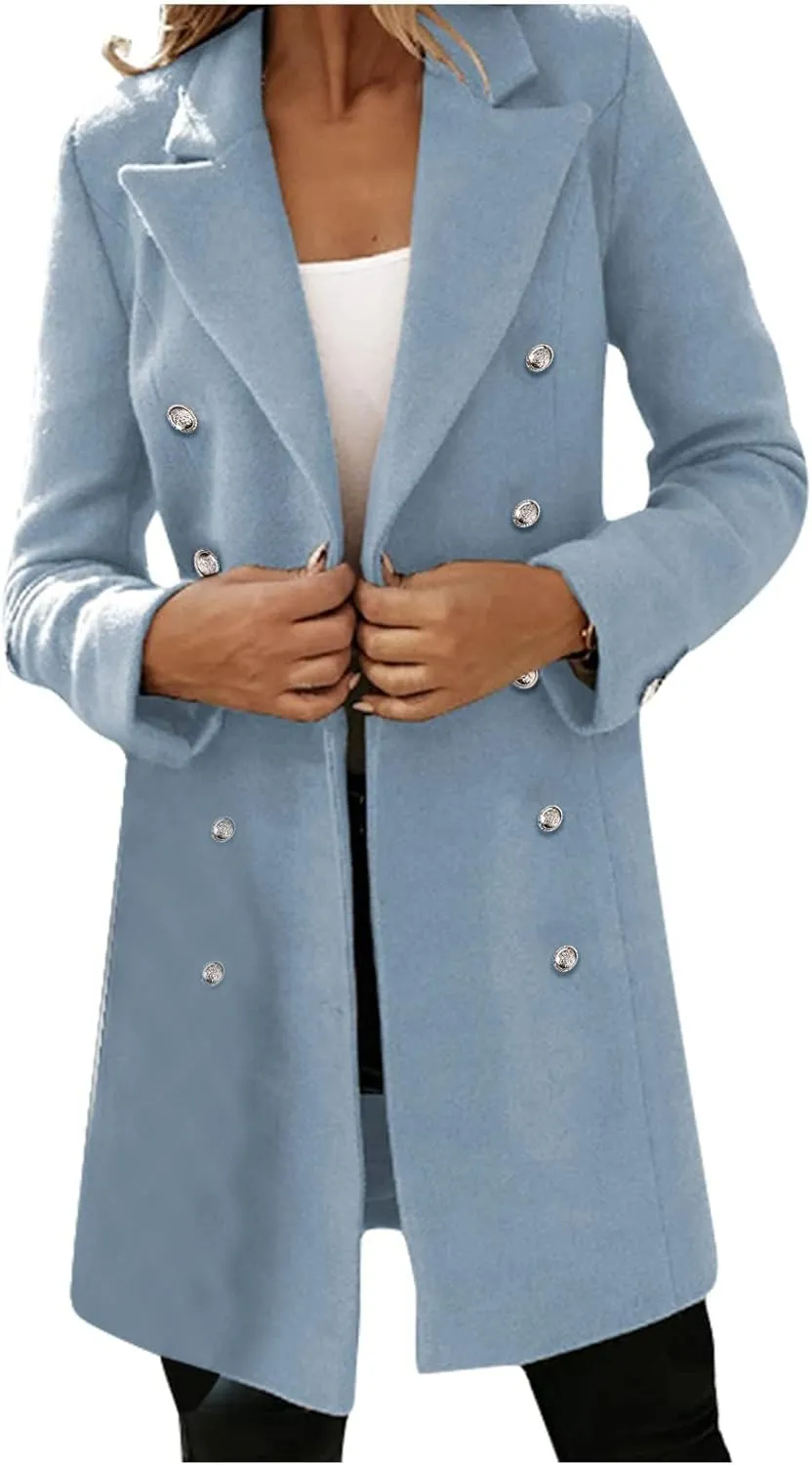 Womens Casual Coat Double Breasted Mid Long Pea Coat Notched Collar Wool Blend Overcoat