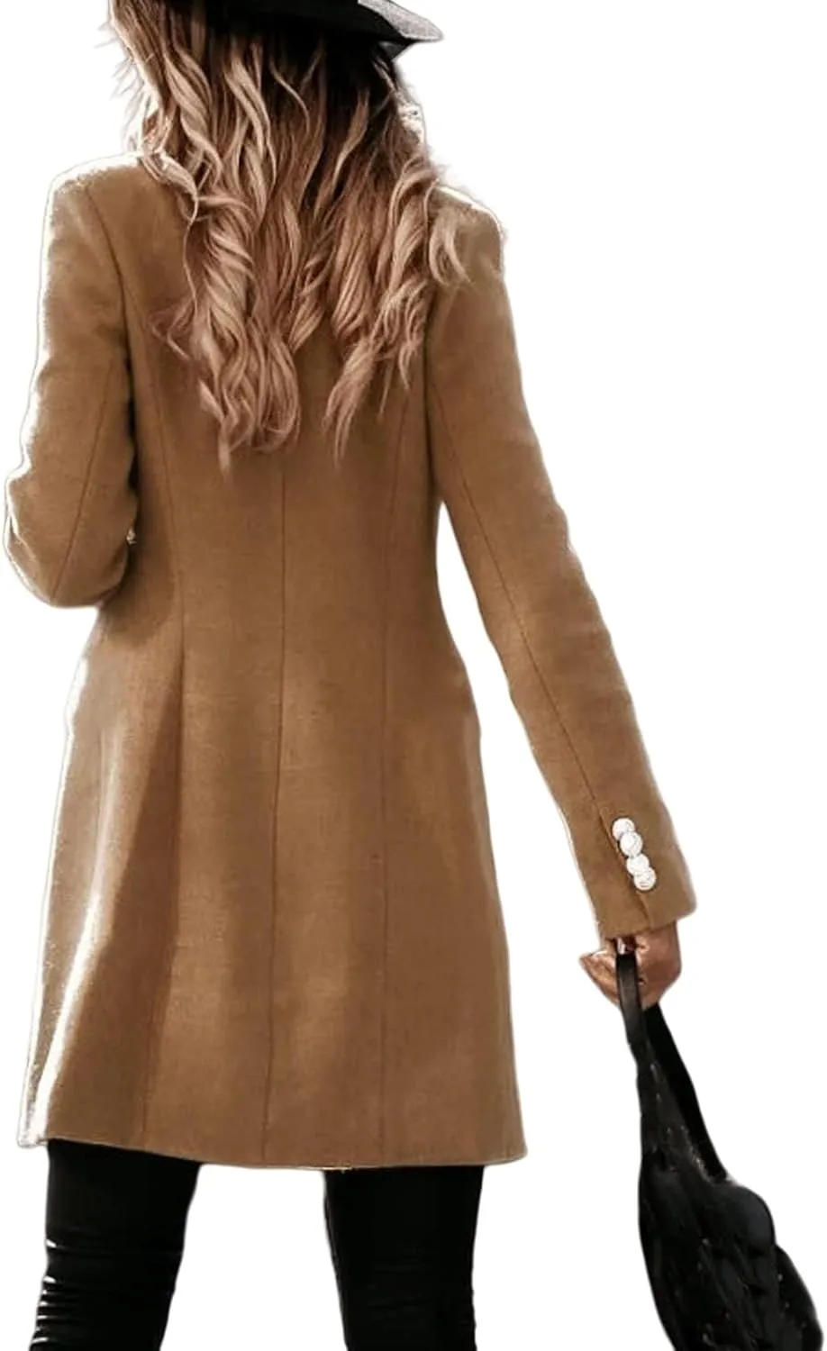 Womens Casual Coat Double Breasted Mid Long Pea Coat Notched Collar Wool Blend Overcoat